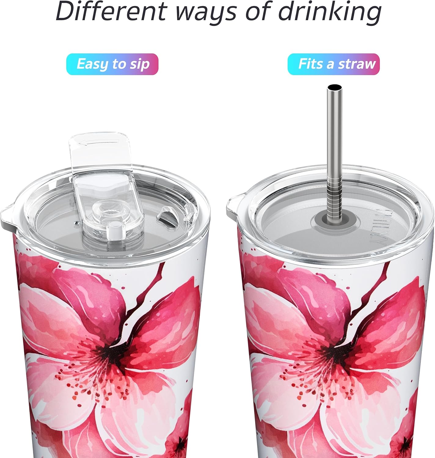 THILY Stainless Steel Vacuum Insulated Tumbler Travel Mug 26 oz Coffee Cup with 2 Lids and Straws, Splash Proof, Keep Ice Drinks Cold, Cherry Blossoms