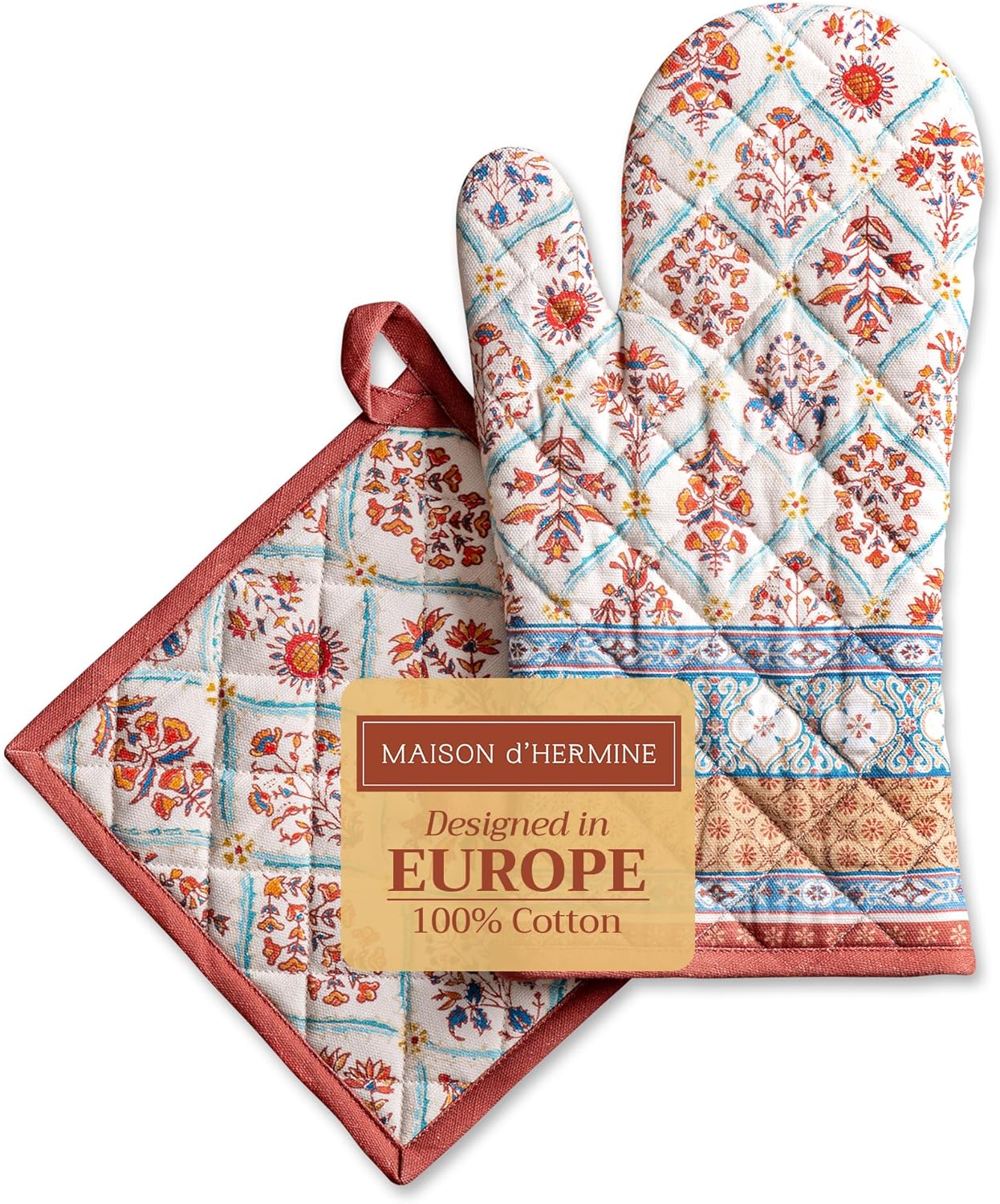 Maison d' Hermine 100% Cotton Oven Mitt & Pot Holder Set (7.5"x13" & 8"x8") Heat Resistant BBQ Cooking Gloves with Loop, Baking, Grilling, Kitchen, Handling Hot Pans (Romane)
