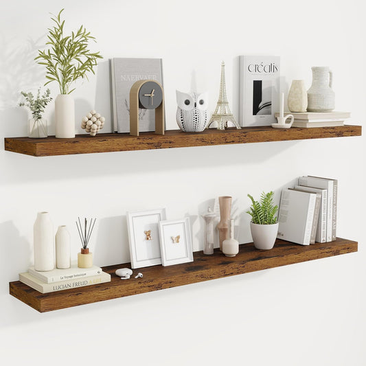 Fun Memories 55 Inch Fireplace Mantel Shelf -Long Floating Shelves, Deep Wall Mounted Farmhouse Display Shelves with Invisible Heavy Duty Metal Bracket, Brown, 2 Pack