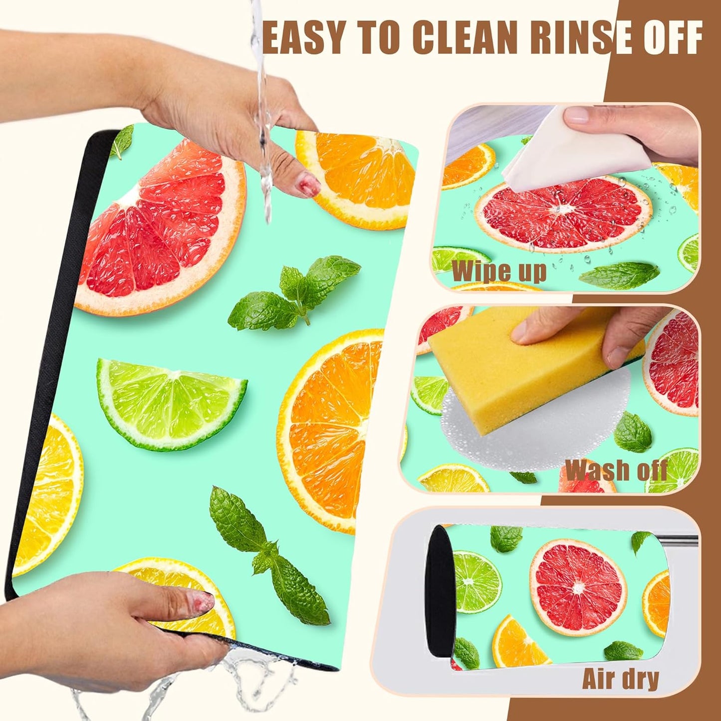 Citrus Fruits and Mint Leaves Dish Drying Mat for Kitchen Counter, Coffee Bar, Hide Stain Absorbent Rubber Backed Coffee Maker Mat, Espresso Machine Accessories, 15.7 x 23.6 Inch