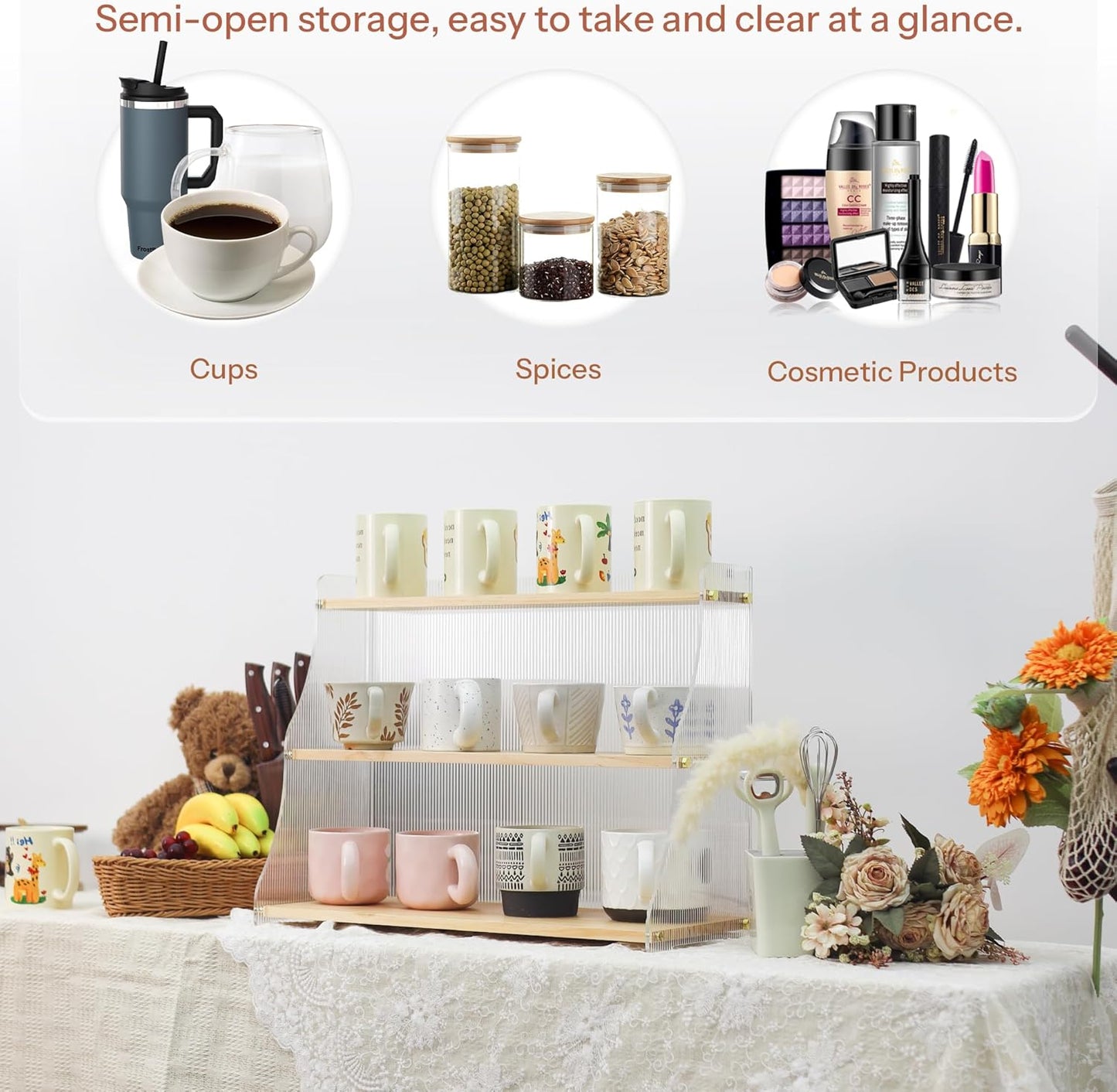 Coffee Mug Holder Wooden Cup Station Organizer 3 Tier Cup Holder for Coffee Bar Mug Display Rack for Countertop Mug Holder Shelf for Home Kitchen Trapezium-Pinewood