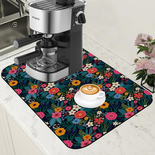 Dish Drying Mat Colorful Flowers and Leaves Coffee Bar Mat for Countertop Absorbent Hide Stain Rubber Backed Dish Drainer Rack Pad Espresso Machine Table Accessories Dining Room Decor 11.8 x 19.7 Inch