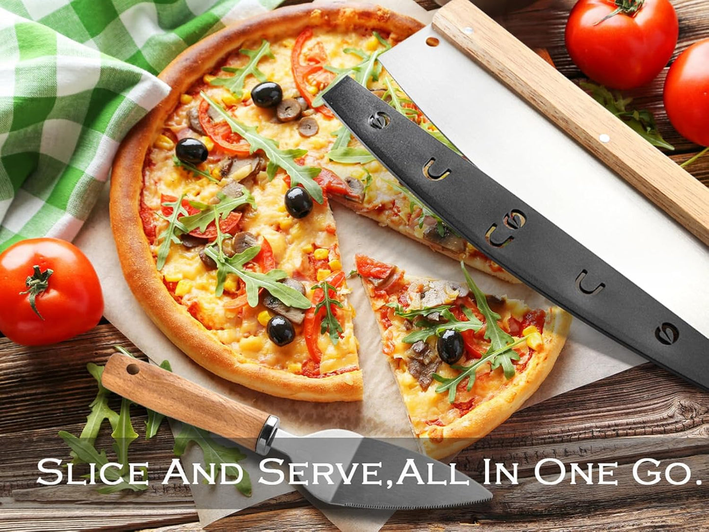 Pizza Cutter Rocker Blade with Wooden Handle and Guard, Sharp Stainless Steel Pizza Slicer, Dough Cutter Equipped with Pizza Spatula, Pizza Oven Accessories for Kitchen Commercial Use