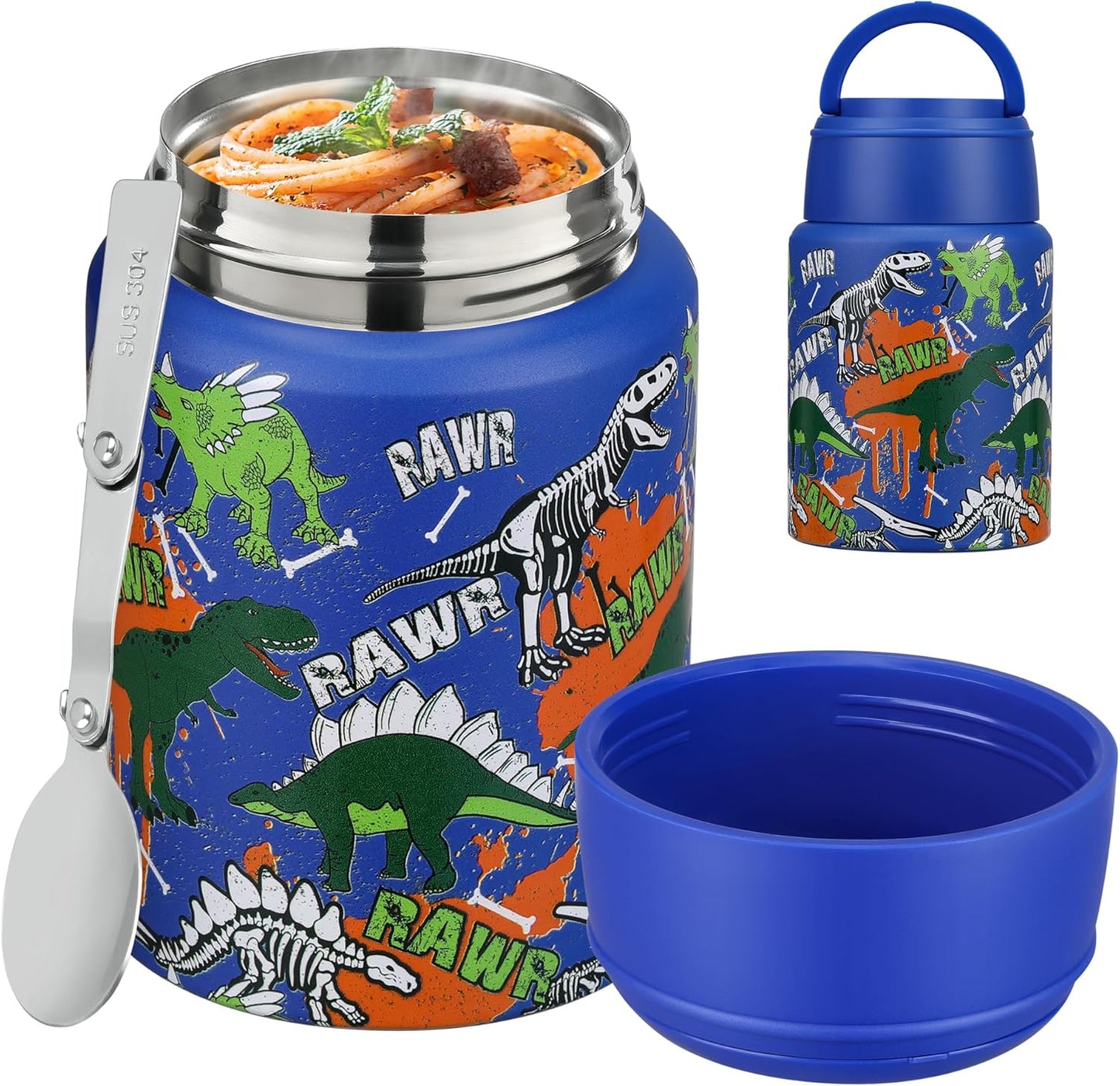 Soup Thermo for Hot Food Kids 16oz Insulated Food Jar Leakproof Thermo Lunch Container for Kids Wide-Mouth Stainless Steel Lunch Box for School with Handle Folding Spoon(3+)