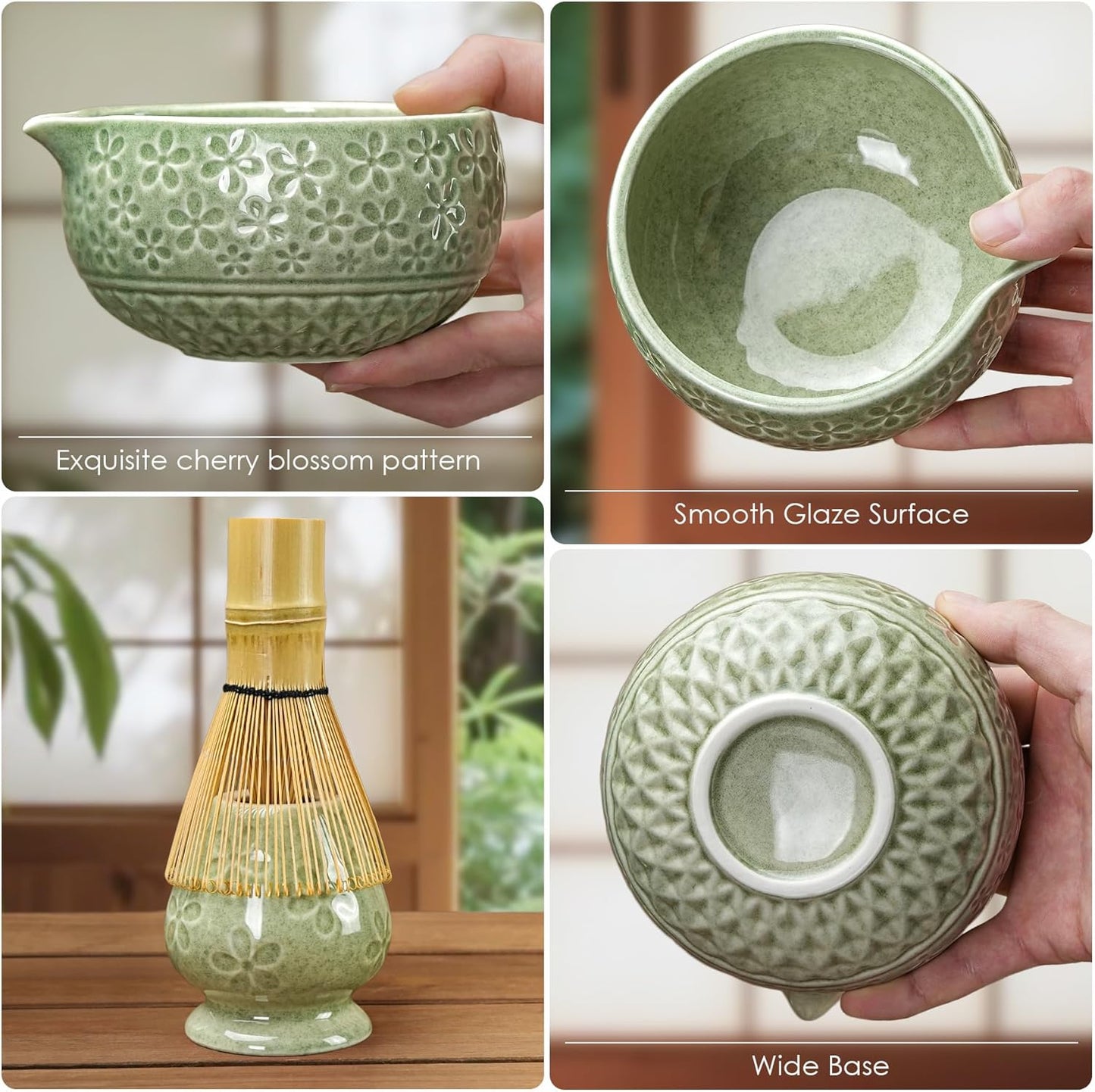 7Pcs Matcha Whisk Set, Ceramic Matcha Bowl with Spout,Bamboo Whisk and Holder, Bamboo Scoop,Scoop Rest,Sifter and Tea Towel,Matcha Kit w/Cherry Blossom Carved Pattern (Mottled Green)