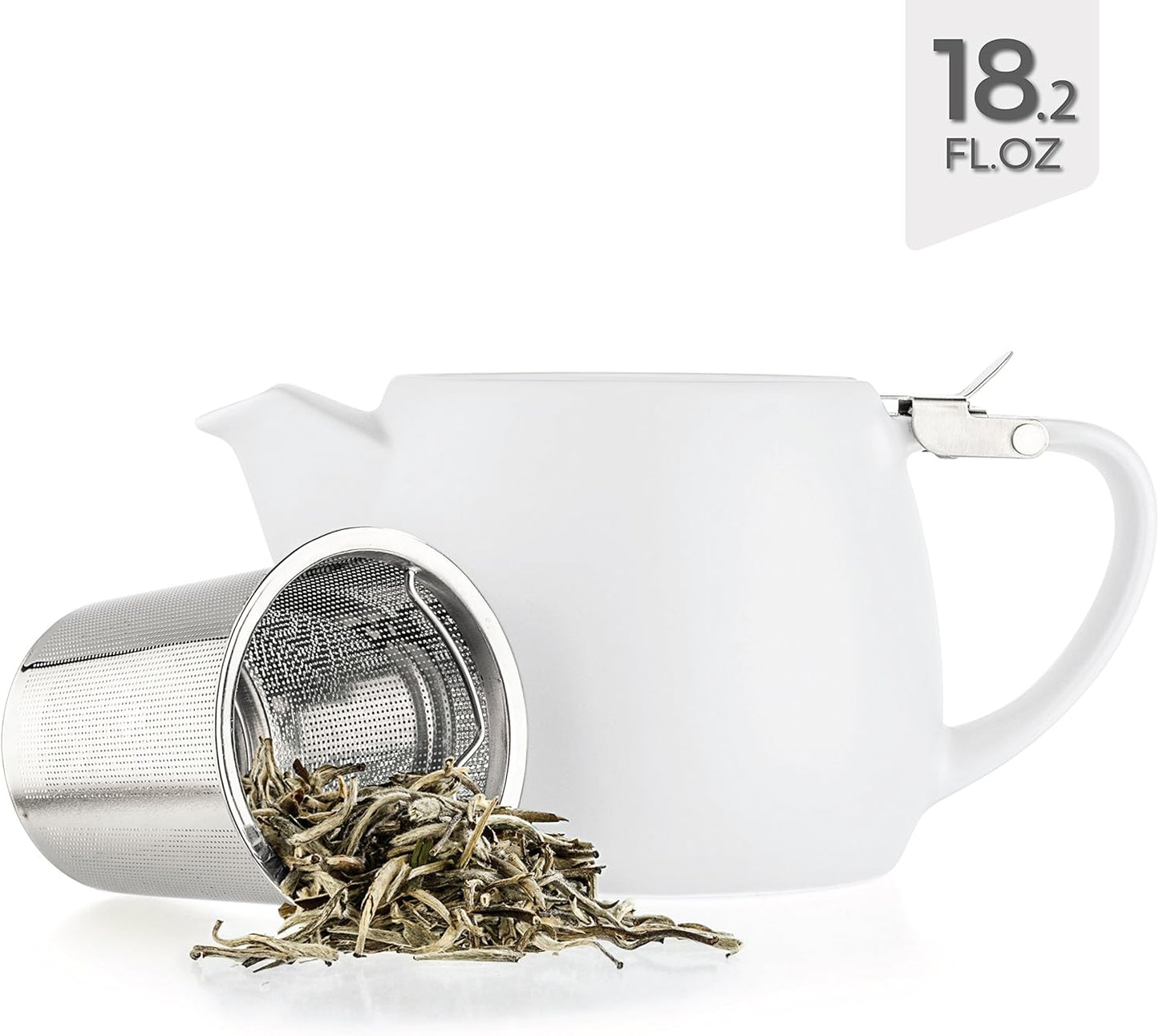Tealyra - Pluto Porcelain Small Teapot White - 18.2-ounce (1-2 cups) - Matte Finish - Stainless Steel Lid and Extra-Fine Infuser To Brew Loose Leaf Tea - 540ml