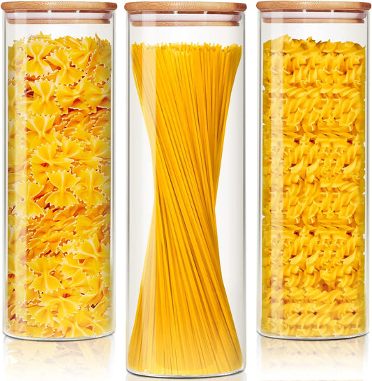 Glass Jars with Bamboo Lids 79 FL OZ [Set of 3], Glass Canisters with Airtight Lids, Glass Food Storage Containers for Spaghetti, Fettuccine, Linguine,Pasta, Best for Kitchen & Pantry