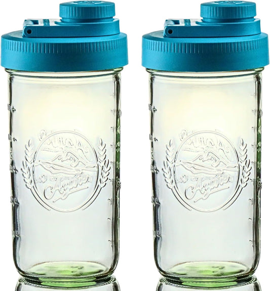 Brewing America Mason Jar Drinking Cup Pint and Half Drinking Lid and Azure 24oz Jar (2, Teal)