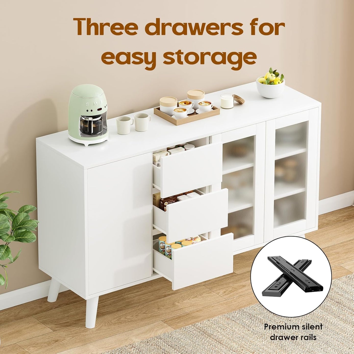 Soohow Farmhouse Buffet Cabinet, 55.5" Coffee Bar with 3 Drawers and Pop-Up Doors, Large Rustic Sideboard for Dining Room, Kitchen, Hallway, and Living Room