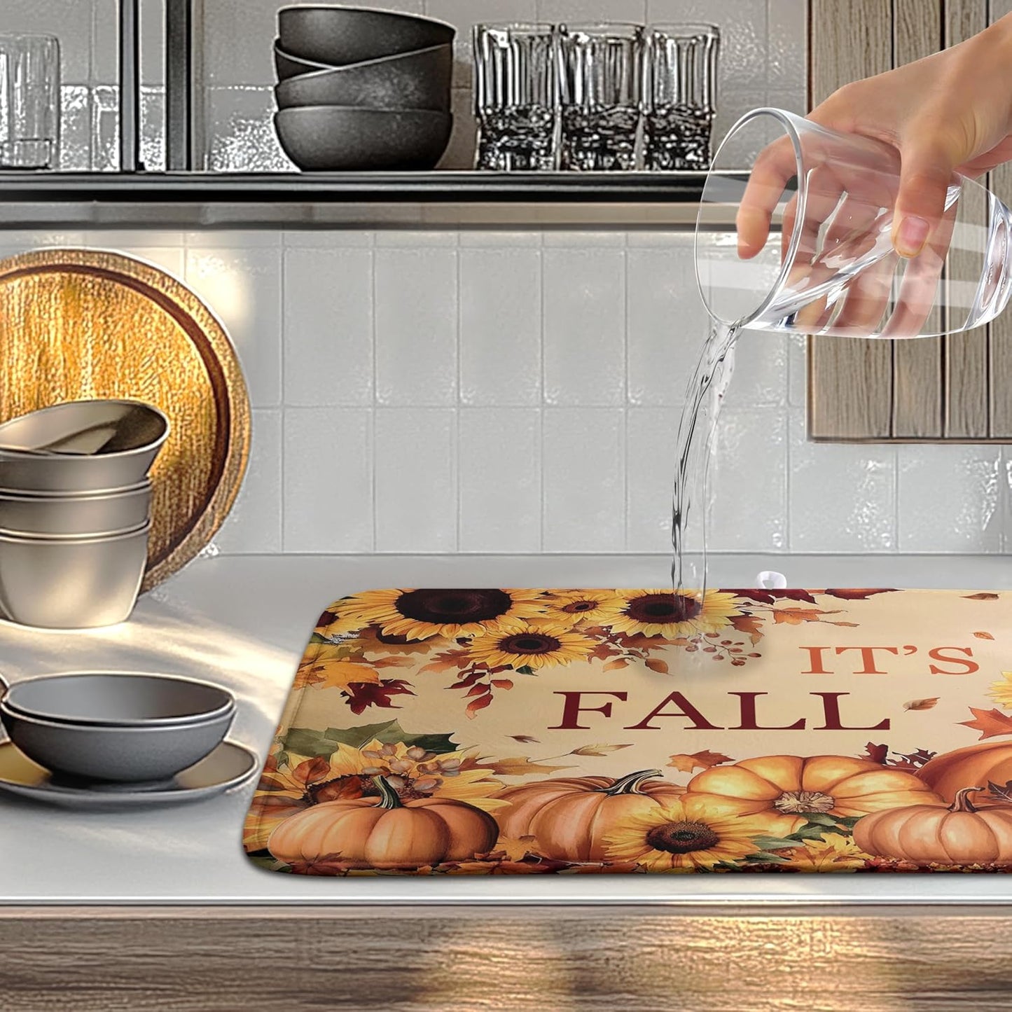 Fall Orange Pumpkins Dish Drying Mat Maple Leaves Autumn Large Kitchen Mats Dish Drying Pad Absorbent Dish Dryer Mat for Kitchen Countertops Microfiber Drainer Pad Dish Drying Mats (18x24 in)