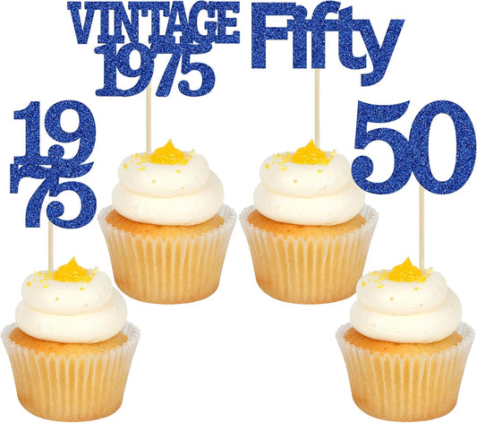 Gyufise 24Pcs Vintage 1975 Cupcake Toppers Cheers to 50 Fabulous Fifty Cupcake Picks 50th Birthday Wedding Anniversary Party Cake Decorations Supplies Deep Blue