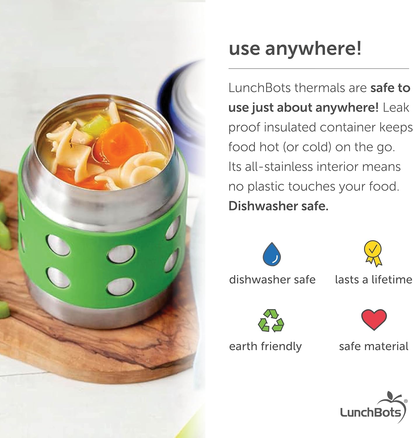 LunchBots Thermal 8 oz Triple Insulated Thermos - Hot 6 Hours or Cold 12 Hours - Leak Proof Thermos Soup Jar - All Stainless Interior - Navy Lid - Green Dots