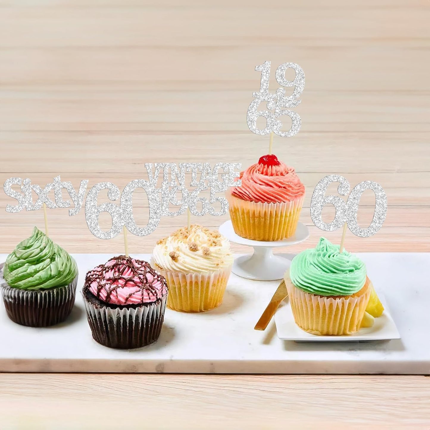 Gyufise 24Pcs 60th Birthday Cupcake Toppers Cheers to 60 Fabulous Sixty Cupcake Picks Vintage 1965 Decorations for 60th Birthday Wedding Anniversary Party Cake Decorations Supplies Silver