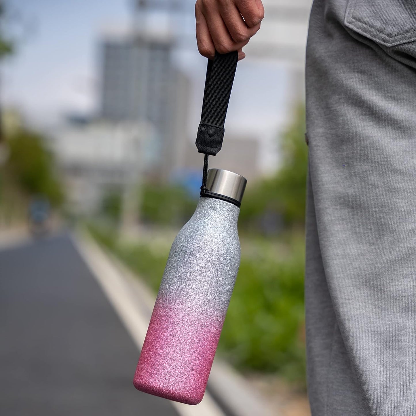 BJPKPK Insulated Water Bottles, 18 oz Stainless Steel Metal Water Bottle with Strap, BPA Free Leak Proof Thermos,Mugs,Flasks, Reusable Water Bottle for Sports & Travel,Sparkling Purple Green