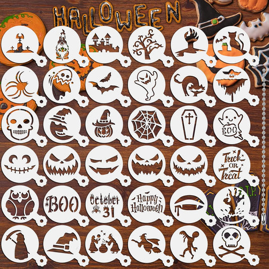 JULBEAR 36 Pieces Reusable Halloween Cake Cookie Stencils Templates Mold Tools for Cookies DIY Holiday Baking Painting Dessert Craft Coffee Decoration
