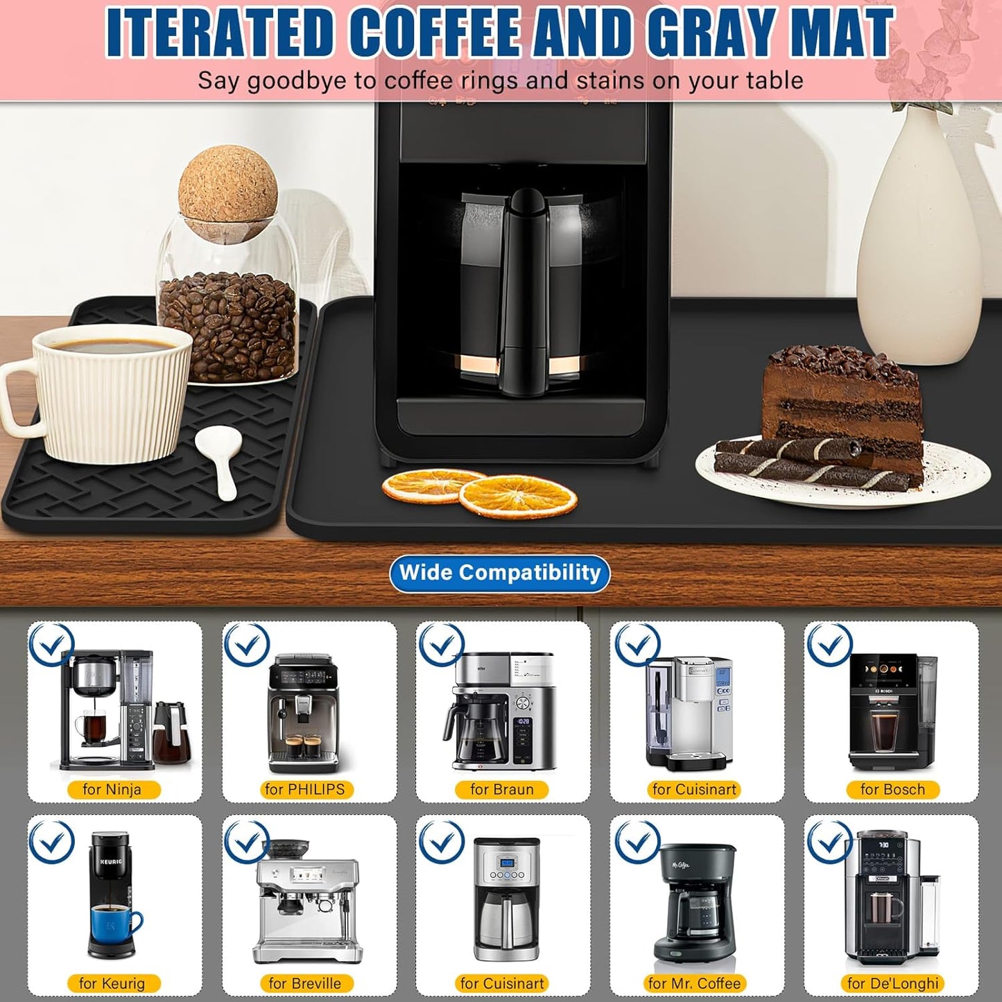 Silicone Coffee Mat - Removable Bar Mat with Concave and Convex Design, Leak-Proof and Non-Slip, Suitable for Use Under the Coffee Machine to Keep the Countertop Clean (Black24"x16")