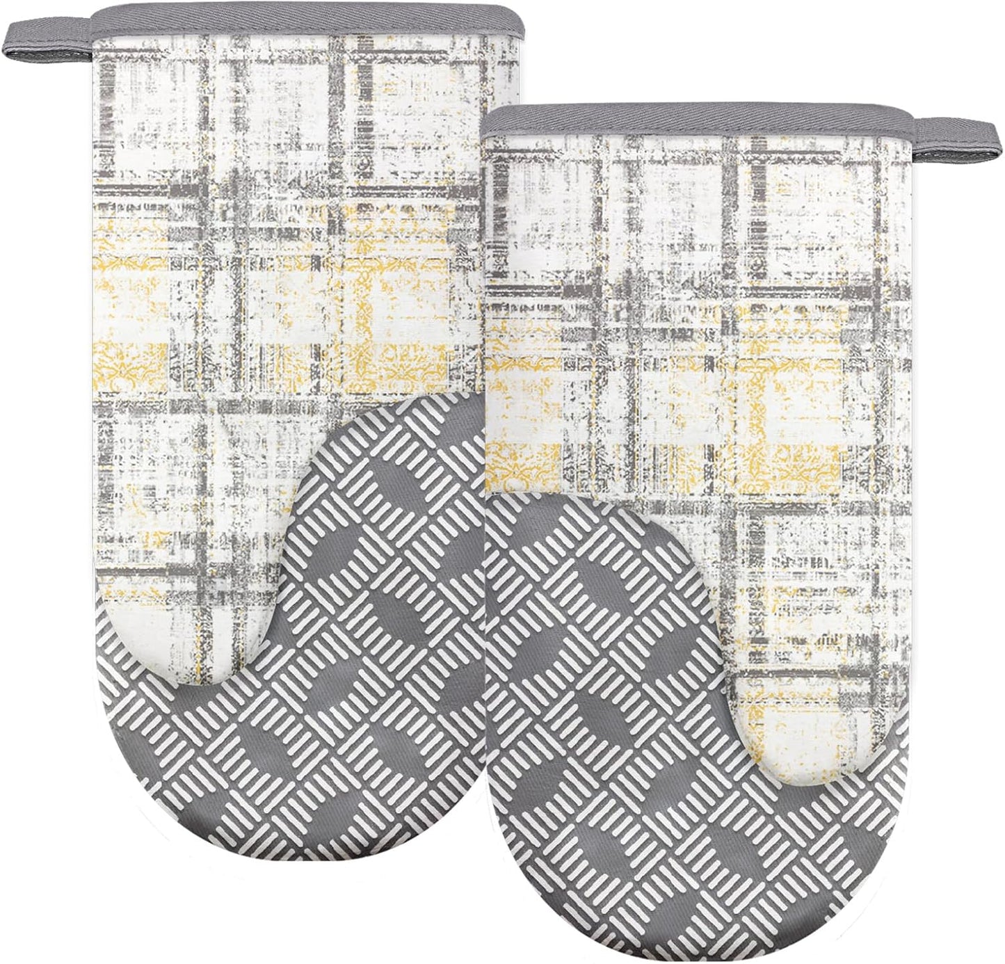 Thumb Oven Mitts, Heat and Slip Resistant Silicone Kitchen Mittens 2-Pack Set, Vintage Plaid Soft Long Oven Gloves, Flexible Thick Potholders for Safe Baking Cooking and Grilling (Vintage Grey)