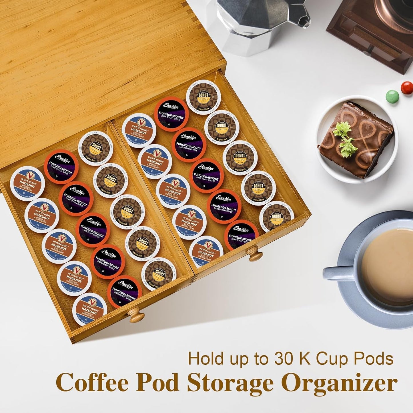 K Cup Storage Organizer,Wood Coffee Pod and Tea Bag Holder,Kcup Drawer Coffee Maker Stand,Home Kitchen Counter Holds Up to 30 Pods Capacity