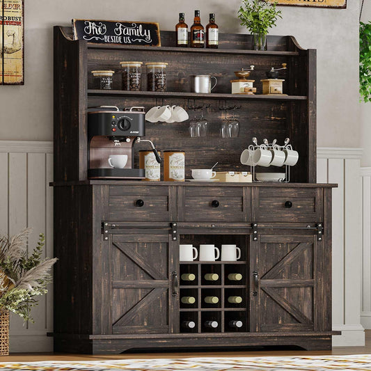 63 Inch Tall Coffee Bar Cabinet with 3-Tier Storage, Kitchen Hutch with 3 Drawers, Farmhouse Coffee Bar with 9 Racks & 3 Glass Holders, Wine Bar Cabinet for Living Dining Room, Oak