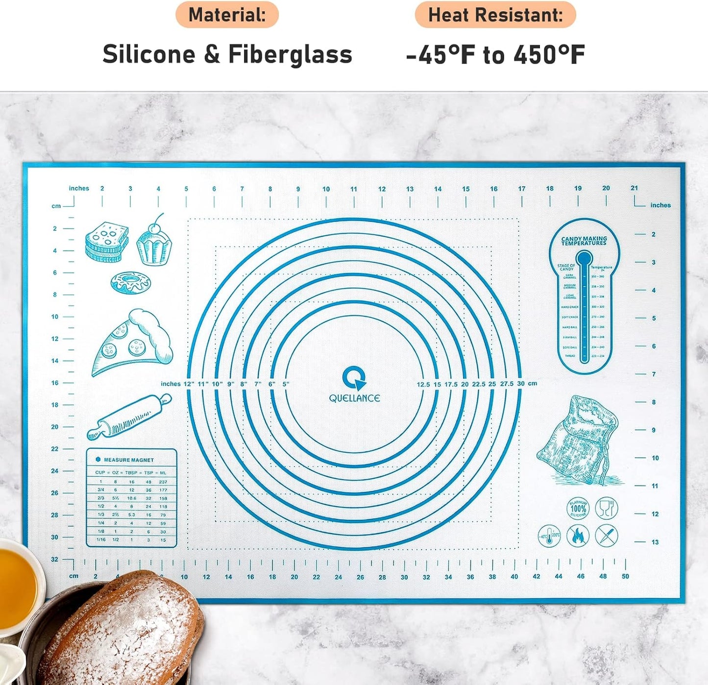Silicone Pastry Mat with Measurement, Baking Mat for Fondant, Rolling Dough, Pie Crust, Pizza and Cookies, Fondant Mat,16" x 24", Blue