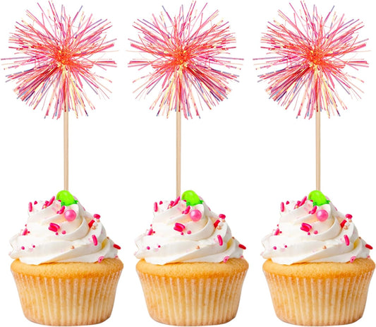 30 PCS Foil Firework Cupcake Toppers Happy Birthday Cupcake Toppers Sparkle Tinsel Flower Drink Stirrers Cocktail Fruit Toothpicks for Valentine's Day Baby Shower Party Cake Decor Supplies Orange