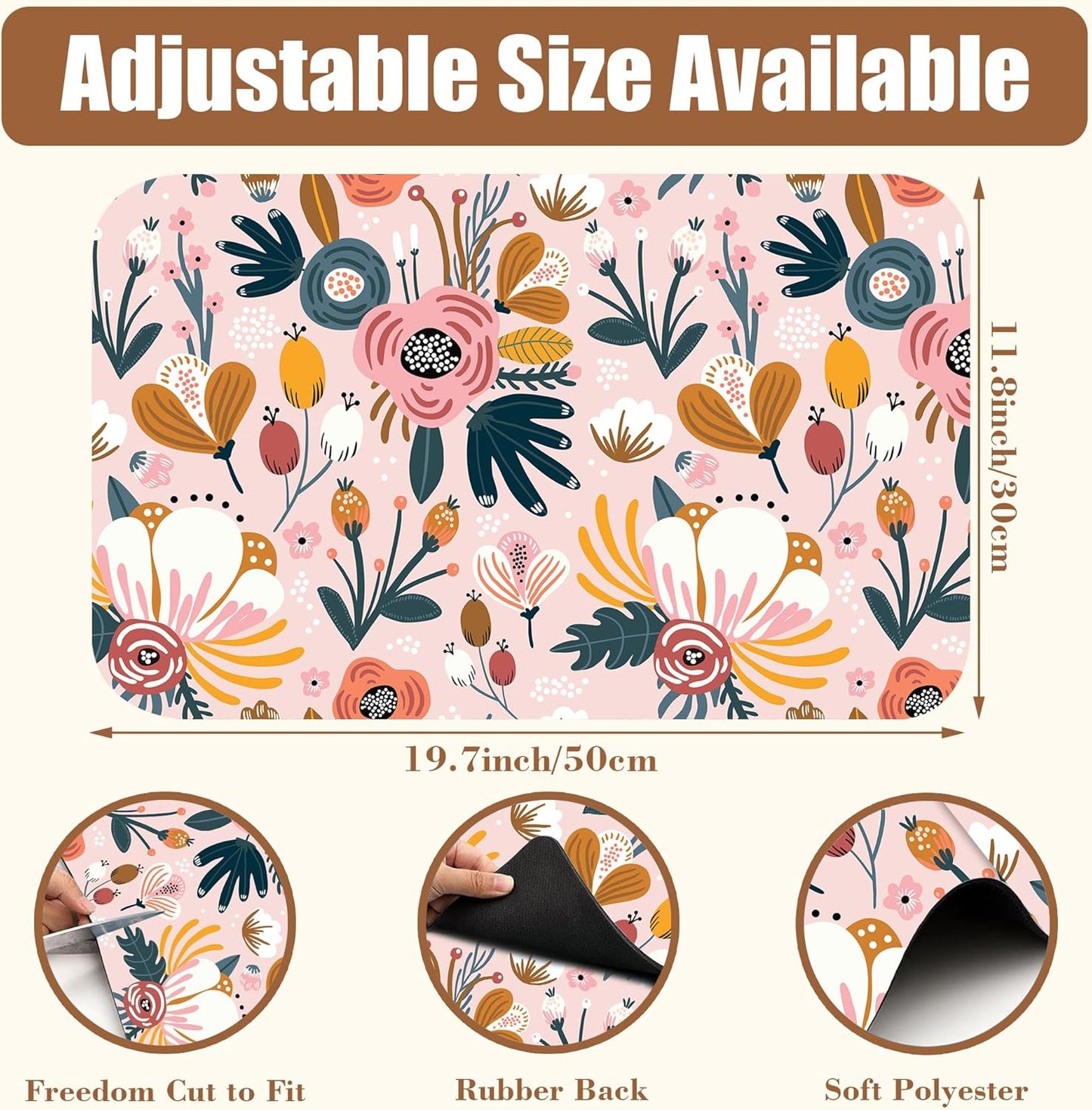 Dish Drying Mat Pink Flowers Berries Leaves Coffee Bar Mat for Countertop Absorbent Hide Stain Rubber Backed Dish Drainer Rack Pad Espresso Machine Dining Room Decor 11.8 x 19.7 Inch