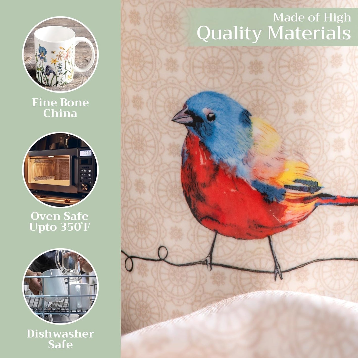 Maison d' Hermine Coffee Mug with Handles Fine Bone China Mugs Pack of Two Tea Cups for Hot Beverages Cappuccino Latte Home Restaurant Office Perfect for Gift (Birdies On Wire, 12 Ounce)