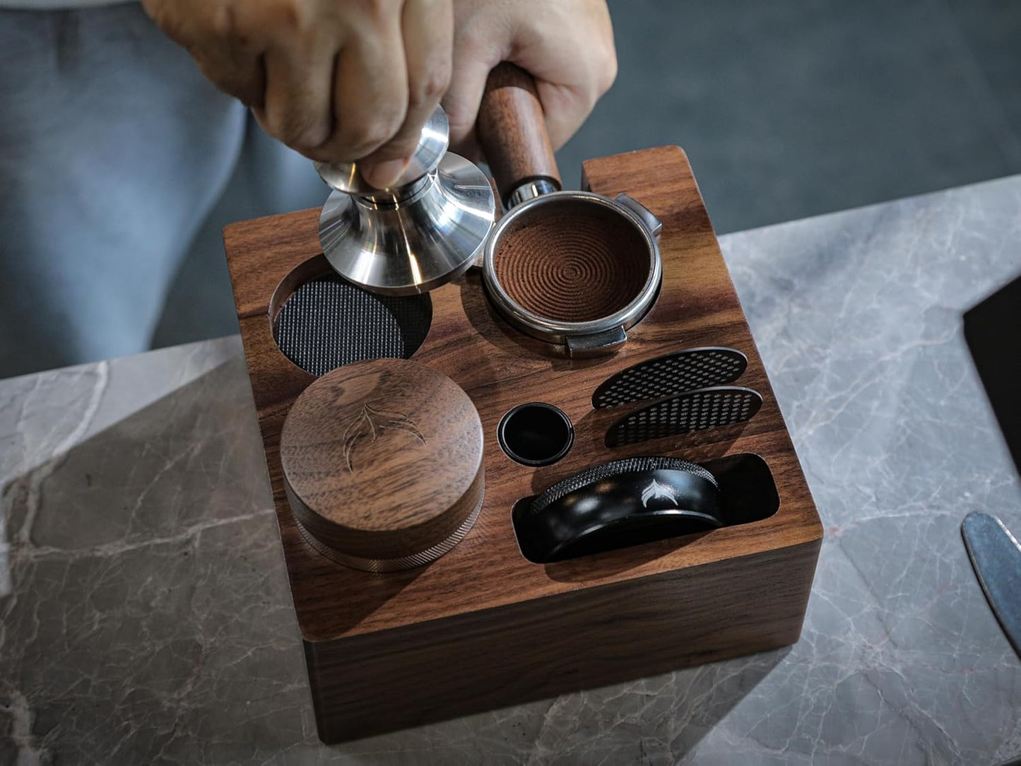 54mm Espresso Tamping Station V3 Walnut Portafilter Holder Espresso Organizer for Breville Machines with Tamper Holder, Distributor Slot, and Multi Accessory Storage