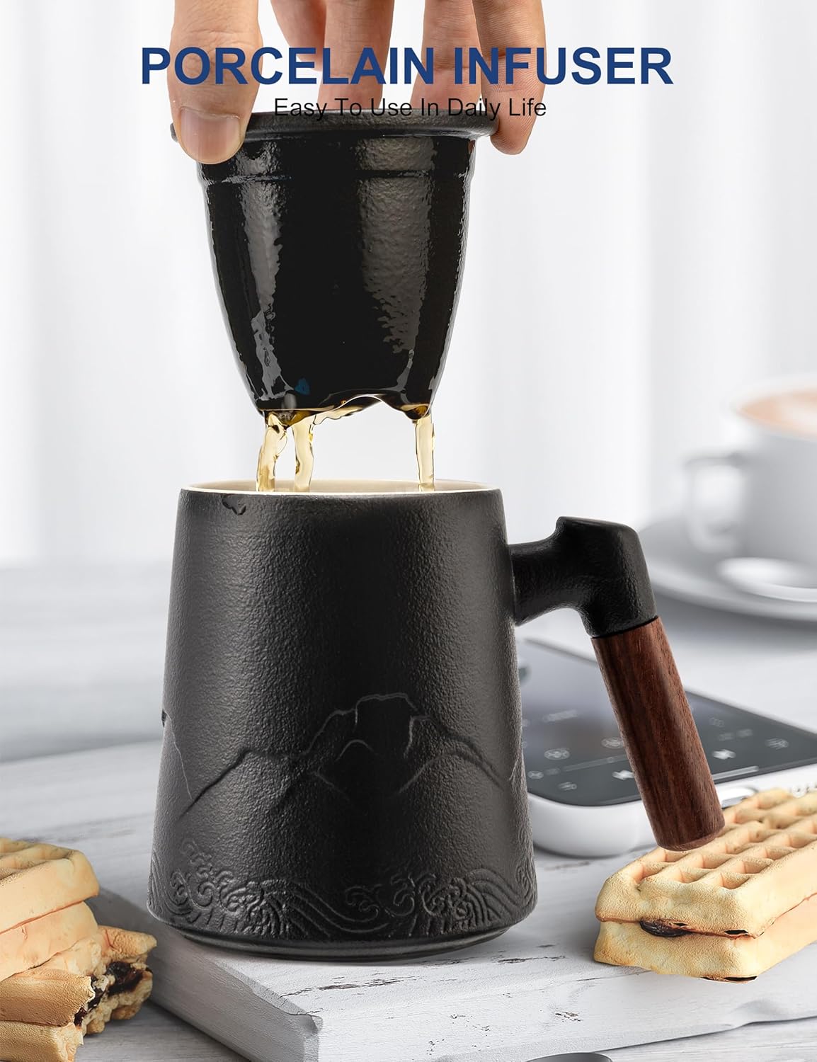 suyika Tea Cup with Infuser and Lid, 15.2 Ounce Wood Handle Ceramic Loose Leaf Mug Gradient Black 450ml