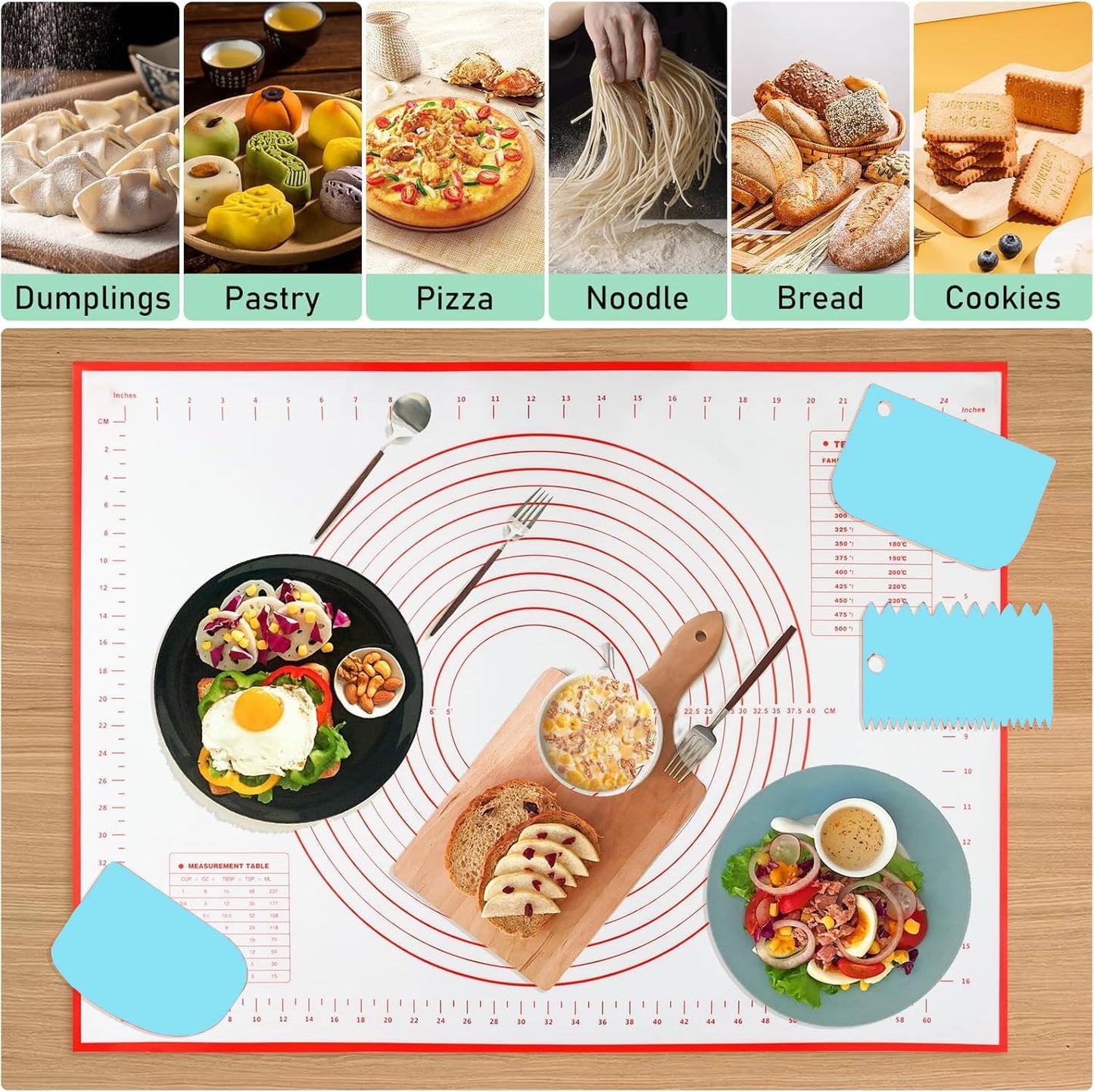 Silicone Baking Mat 16" x 24" - 2 Pcs Silicone Bread Sling for Dutch Oven - NonStick High Degree Kitchen Sour Bread Making Loaf Pan Lifter Liner,Non-Slip Pastry Mat for Rolling Dough,3 Scrapers