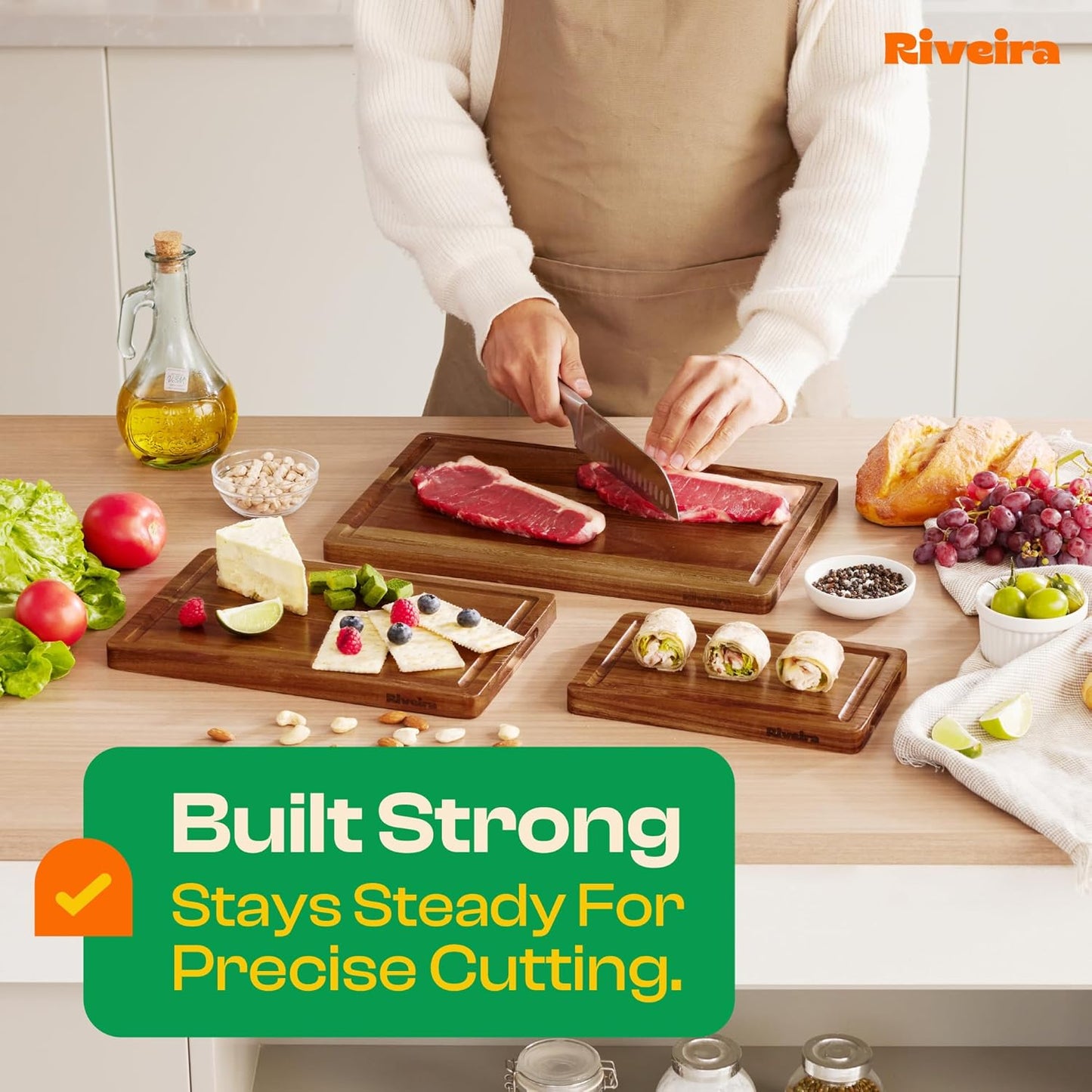 Riveira Acacia Wood Cutting Board – Versatile and Durable: Set Of 3 Pcs Rectangular Wooden Cutting Board – Natural Wooden Cutting Boards For Kitchen – Complete Acacia Wooden Chopping Board