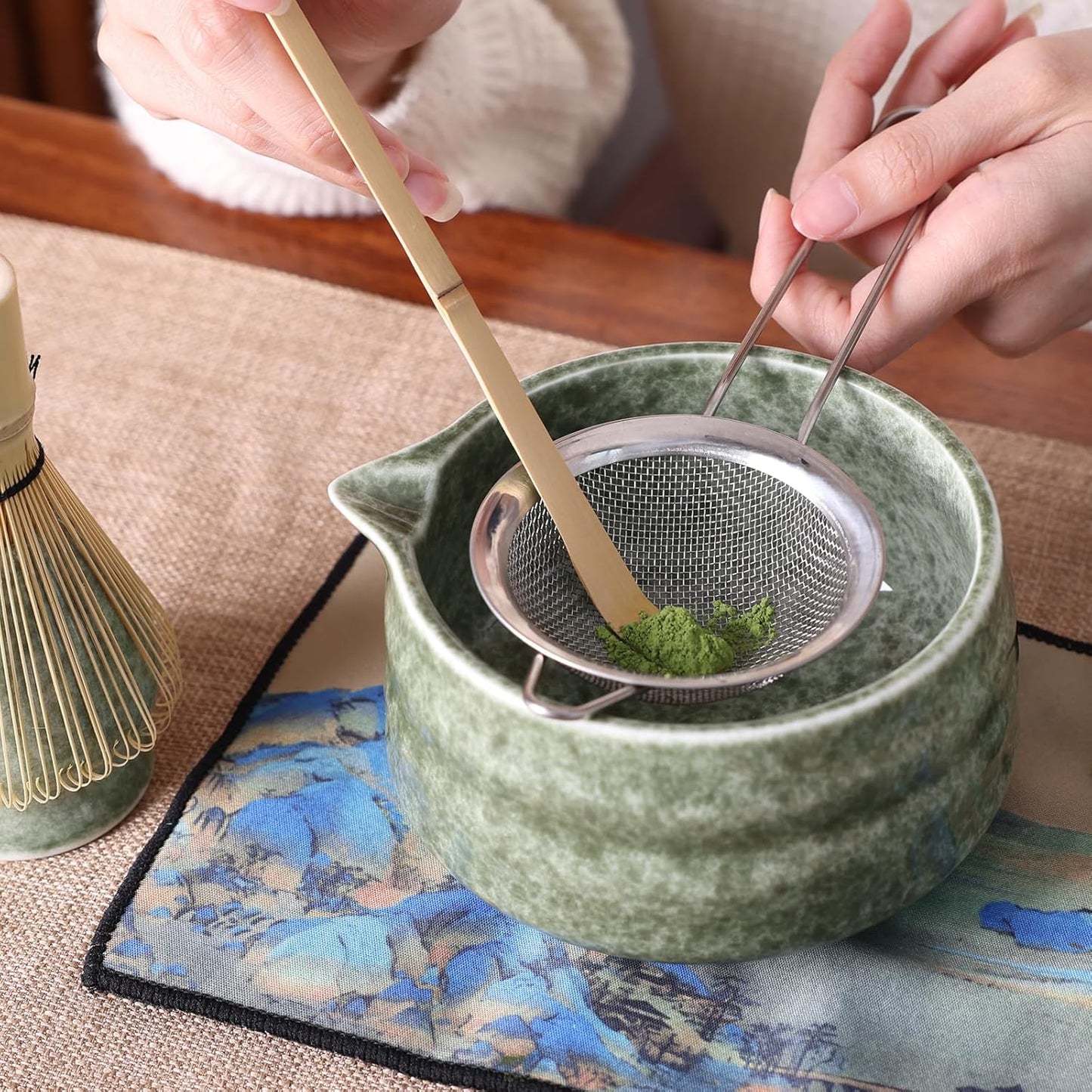 Japanese Ceramic Matcha Bowl - 16oz Speckle Glaze Chawan & Whisk Stand for Perfect Froth, Dishwasher Safe Green
