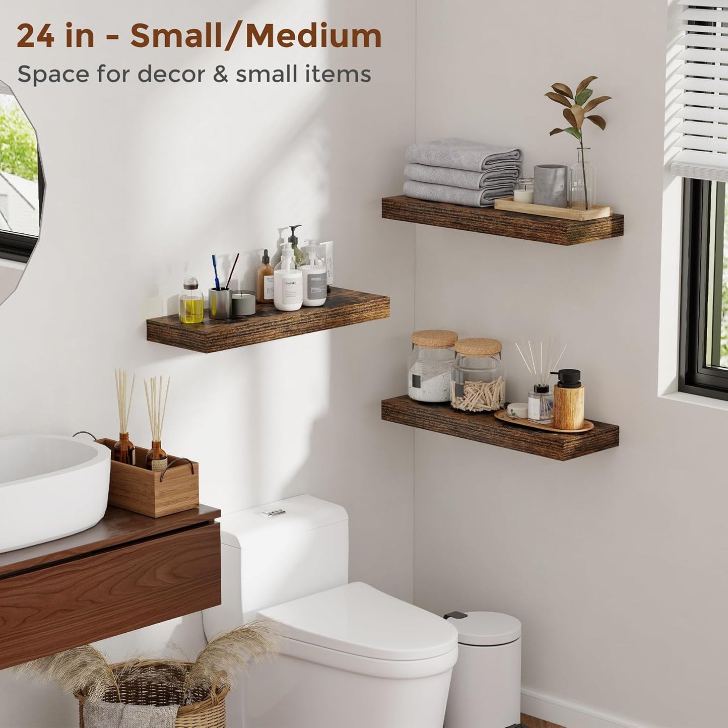 Heimlove 16 Inch Floating Shelves for Wall Rustic Brown Shelves Set of 2,Wall Mounted Rustic Wood 8 Inch Deep Floating Shelf with Invisible Brackets for Bedroom Kitchen Living Room