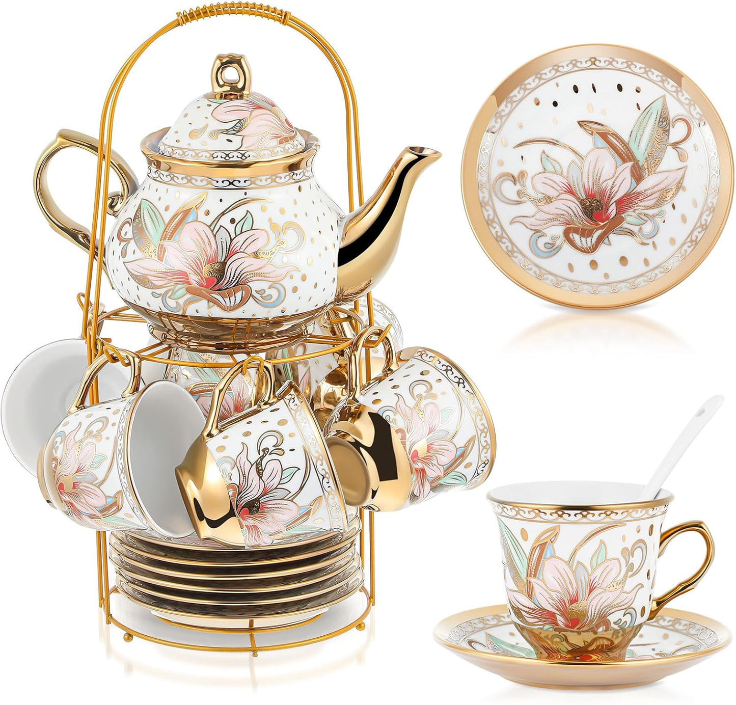 Zhehao 20 Pcs Porcelain Tea Set with Metal Holder and Spoon Adult Ceramic Tea Party Set European Flower Painting Teapot Cup Saucer Spoon Set for Women, Large Version(Traditional Style)