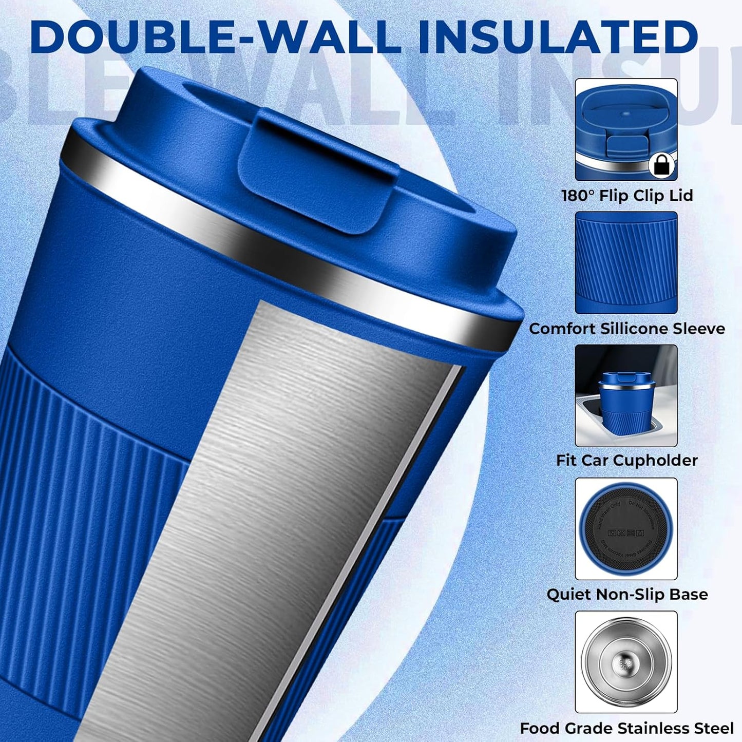 Insulated Coffee Tumbler 12 oz, Stainless Steel Coffee Mug with Lids, Travel Coffee Mug Leak Proof, Double Wall Vacuum Insulated Reusable Coffee Cup, Keep Drinks Hot and Cold (Deep Azure, 12 Ounces)