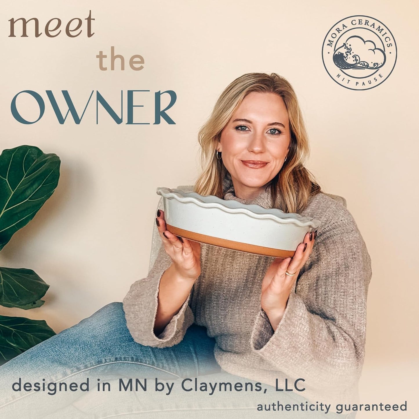 Mora Deep Fluted Ceramic Pie Dish for Apple Pie, Quiche, Tart - 9 inch - Modern Farmhouse Style Porcelain - Earl Grey