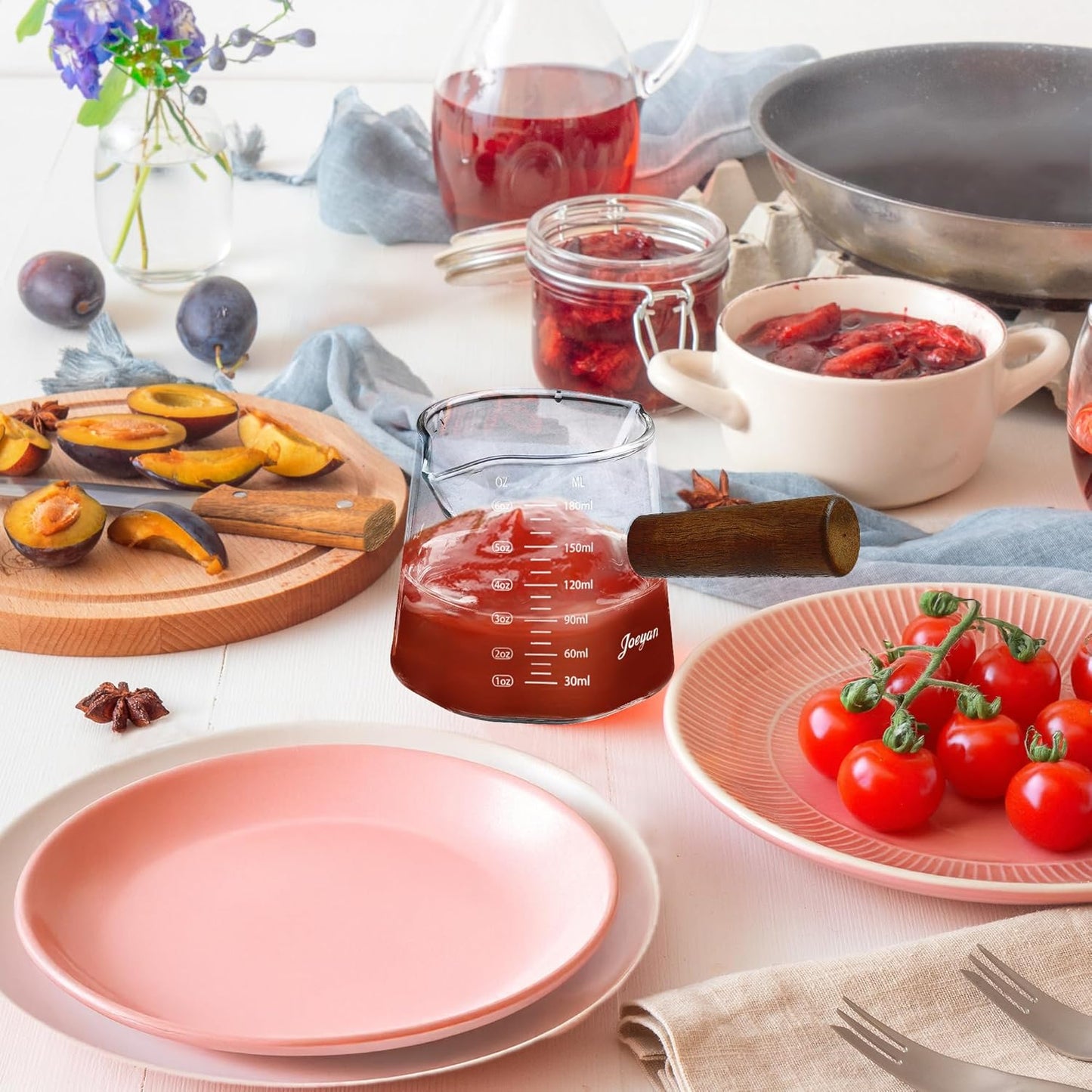 Joeyan 6 oz Glass Measuring Cup with Double Spouts,Borosilicate Espresso Shot Glasses with Wooden Handle,Claer Measuring Triple Milk Frothing Pitcher for Coffee Tea