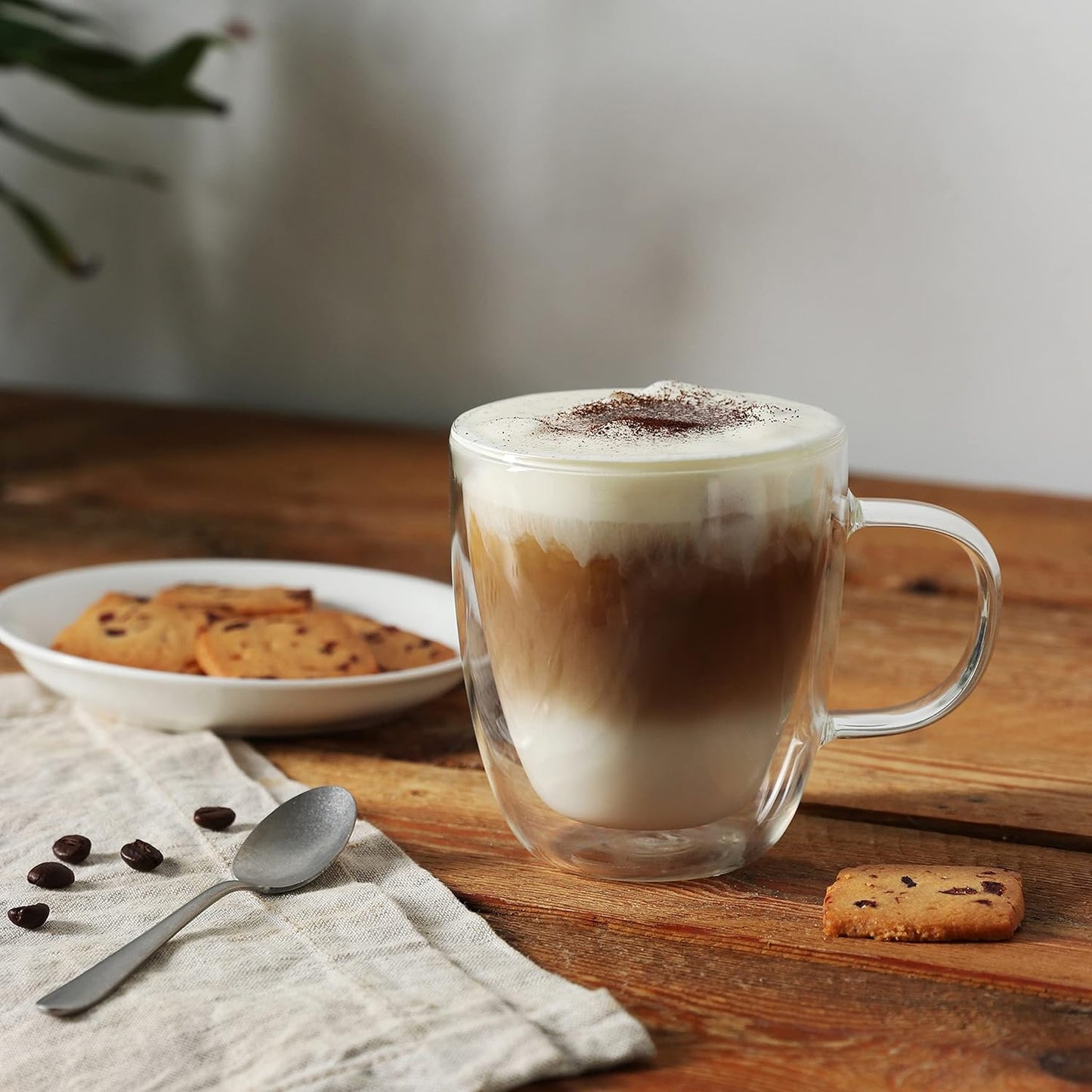 CNGLASS Double Wall Glass Coffee Mugs 12 oz,Insulated Glass Coffee Cups with Handle,Clear Espresso Mugs for Cappuccino,Latte,Tea Bags,Hot and Cold Beverages,Set of 2