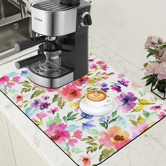 Floral Watercolor Dish Drying Mat Colorful Flowers Coffee Bar Mat for Countertop Hide Stain Rubber Backed Absorbent Dish Drainer Rack Pad Espresso Machine Coffee Pot Dining Room Decor 15.7 x 23.6 Inch