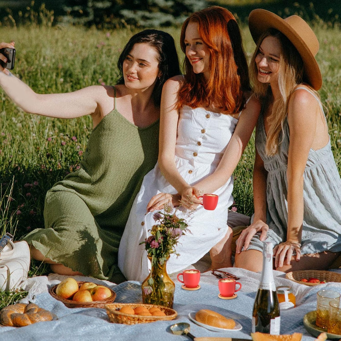 Hasense Espresso Cups and Saucers Set of 6, 3.5 OZ Demitasse Cups with Handle for Drinks, Latte, Cappuccino, Cafe Mocha and Tea, Porcelain Coffee Cups for Coffee Bar Home and Party, Red