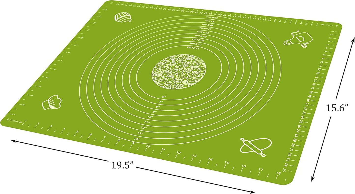 Silicone Baking Mat for Pastry Rolling Dough with Measurements, 19.7" x 15.7" BPA Free Non stick and Non Slip Green Table Sheet Baking Supplies for Bake Pizza Cake