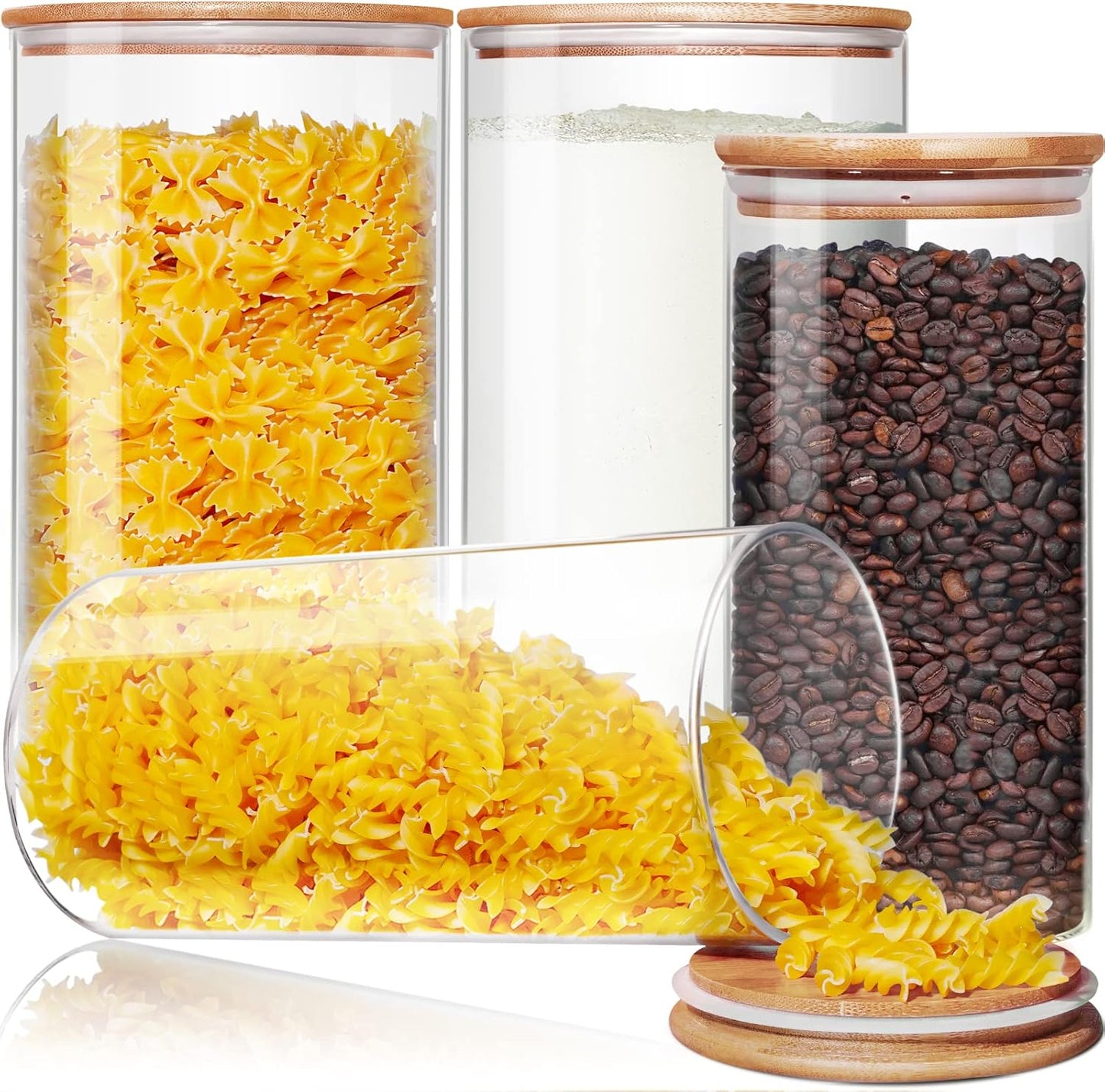 Large Glass Flour and Sugar Containers 180oz x2 & 93oz x2 [Set of 4], Glass Food Storage Containers with Bamboo Lids, Glass Jar with Airtight Lid for Spaghetti Pasta,Rice,Cereal,Coffee, Oat