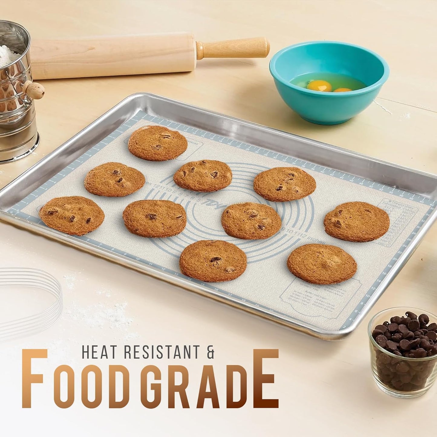 26 * 16 inches White grey, Non-Slip Silicone Baking Sheets - Baking Mat with 0.7mm Thickness - Non-Stick Pastry & Cookie Mat for Kitchen Counter for Rolling Out Dough with Measurements.