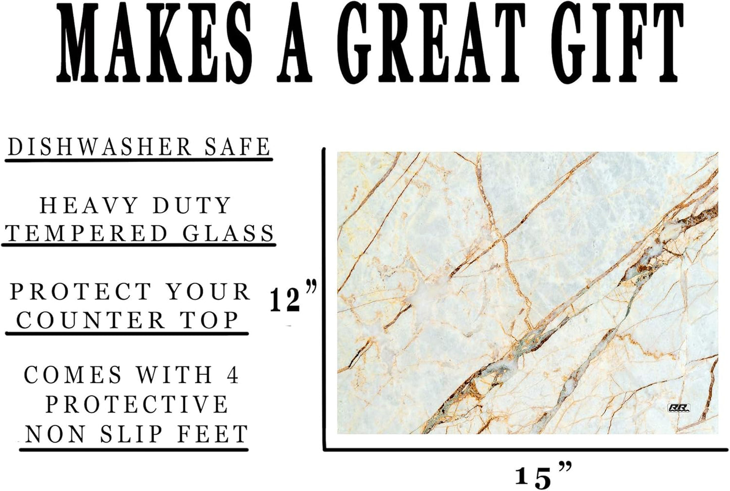 Rogue River Tactical White Brown Marbled Stone Pattern Textured Marble Art Kitchen Glass Cutting Board Modern Decorative Gift Abstract Wavy Contrast Design