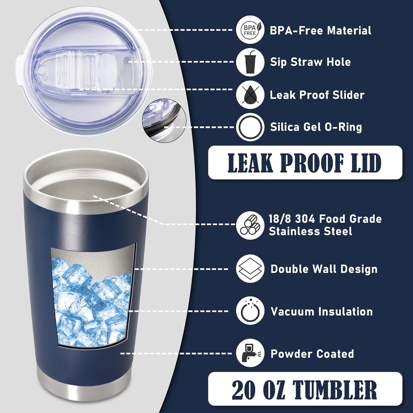 20 oz Tumbler Coffee Tavel Tumblers Bulk with Lid Stainless Steel Double Wall Vacuum Insulated Mug Powder Coated Cups fit Car Cupholder for Hot and Cold - Navy, 8Pack