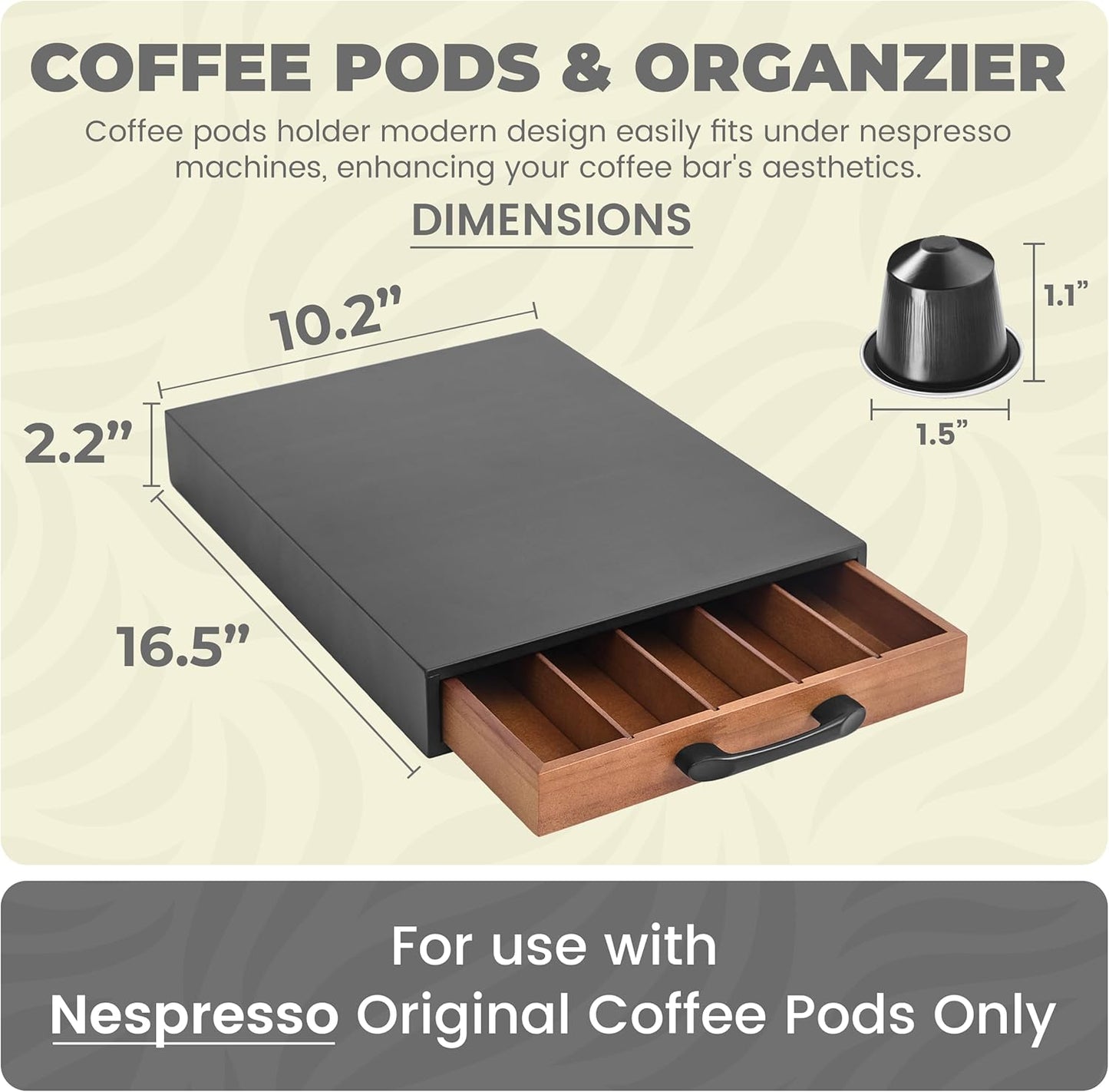 Coffee Pod Holder Compatible with Nespresso OriginalLine Capsules – 50-Pod Acacia Wood Drawer Organizer with Anti-Slip Base – Space-Saving Coffee Capsule Storage for Espresso Stations & Countertops