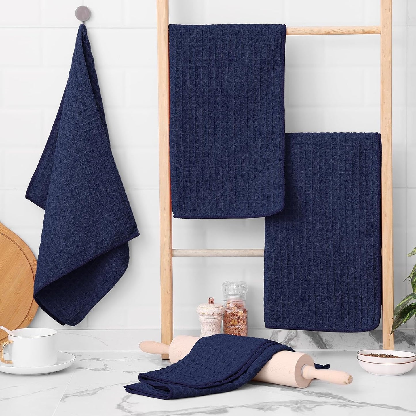 Homaxy Microfiber Waffle Weave Kitchen Towels, 16 x 28 Inch Ultra Absorbent and Solid Color Dish Towels, 6 Pack, Navy Blue