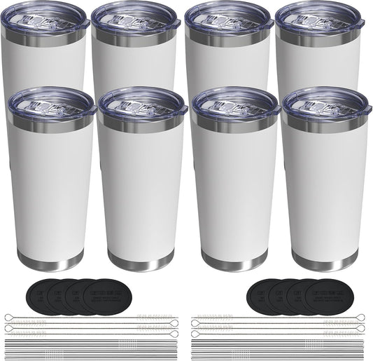 Travel Coffee Tumbler 20oz, 8 Pack Leakproof Travel Coffee Mug with Lid and Straw, Stainless Steel Double Wall Vacuum Insulated Tumbler for Hot/Iced Drinks (Textured Matte, White)