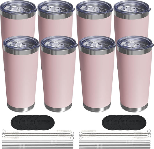 Travel Coffee Tumbler 20oz, 8 Pack Leakproof Travel Coffee Mug with Lid and Straw, Stainless Steel Double Wall Vacuum Insulated Tumbler for Hot/Iced Drinks (Textured Matte, Soft Pink)