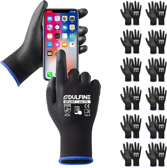 DULFINE Safety Work Gloves PU Coated for Men and Women-12 Pairs,Black Seamless Knit Glove with Two Fingers Touchscreen,Ideal for General Duty Work (Small)